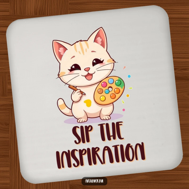 Funny artist cat drink coasters, featuring a happy cat artist creating a colorful art splat, protecting surfaces.