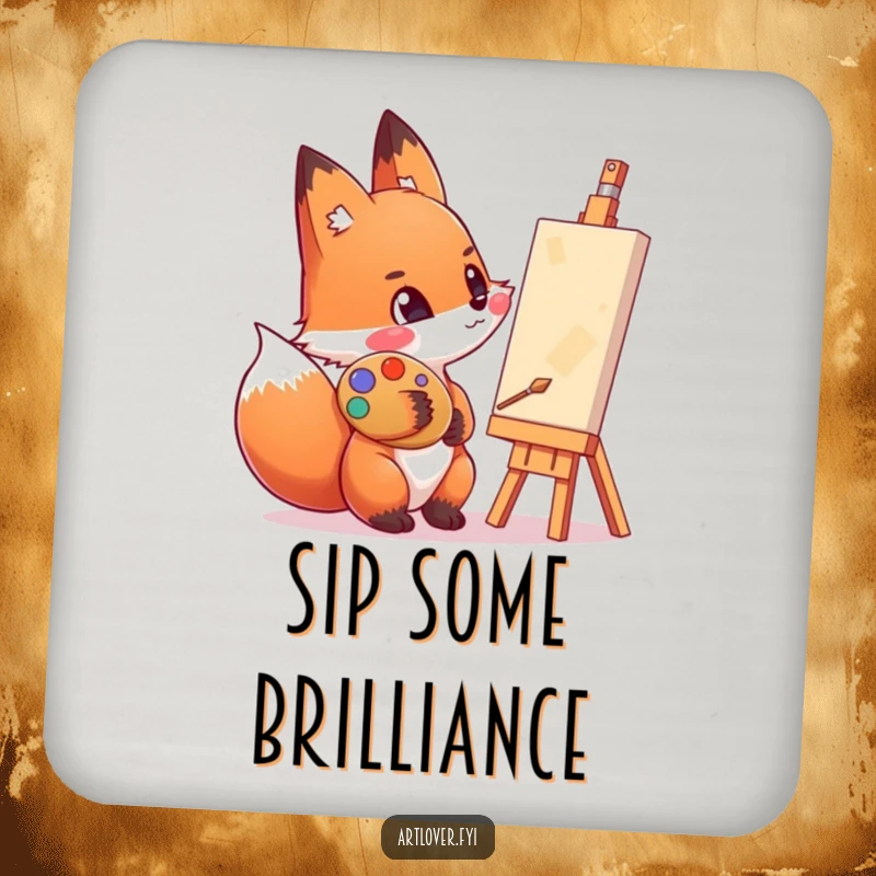 Funny drink coaster depicting an enthusiastic fox with a paint-smeared cheek, admiring a canvas.