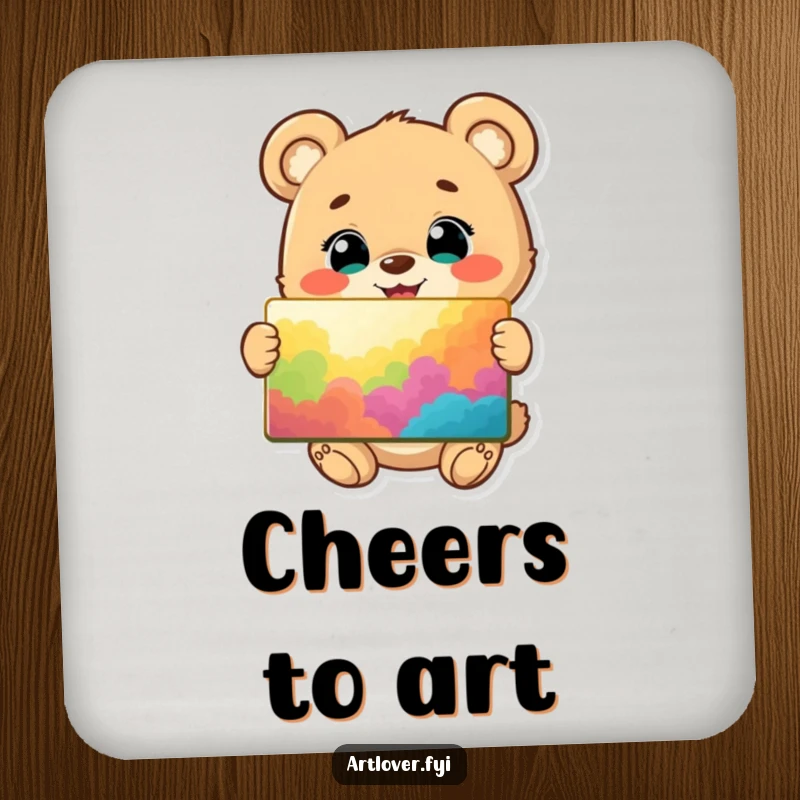 Funny drink coaster with a happy bear cub character, eyes bright, proudly displaying a vibrant painting, a cheerful addition.