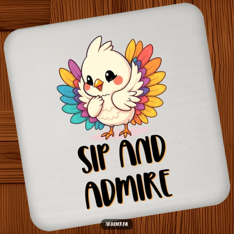 Funny drink coaster with a bird character humming and arranging colorful feathers, protecting surfaces with artistic flair and humor.