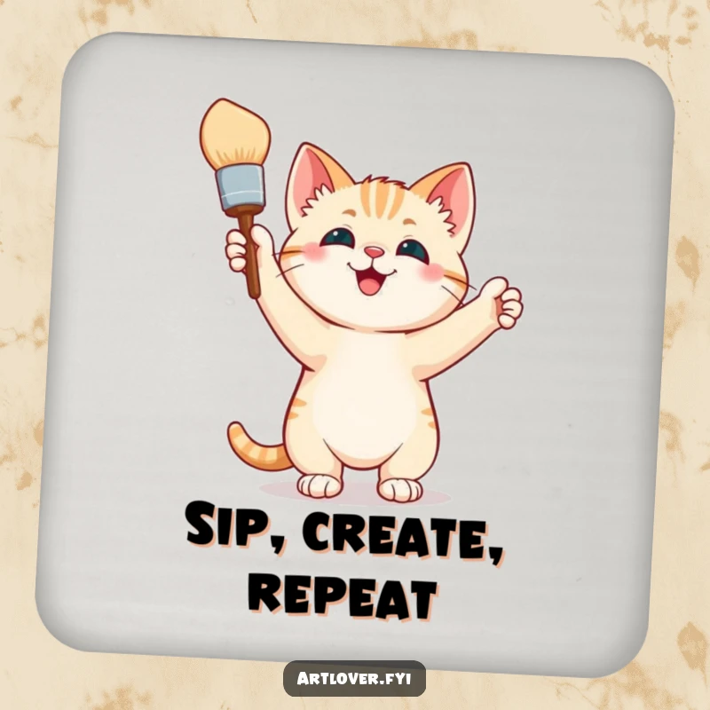 Funny Coaster: A triumphant kitten holds a paintbrush, guarding your drinks and adding a splash of artistic humor to your tabletop.