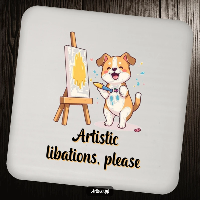 Funny coaster with a dog artist splashing paint on a canvas, adding a humorous touch to drink service.