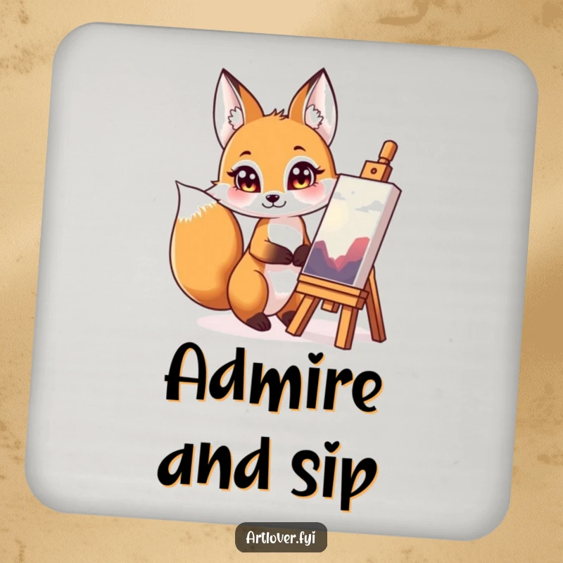 Funny fox art coasters, a set of protective mats featuring a discerning fox admiring a piece of art.