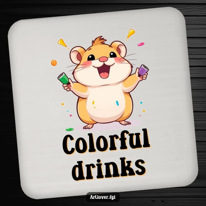 Funny hamster coasters with an excited hamster character juggling colorful paint tubes. Humorous and artistic drink protection for art lovers.