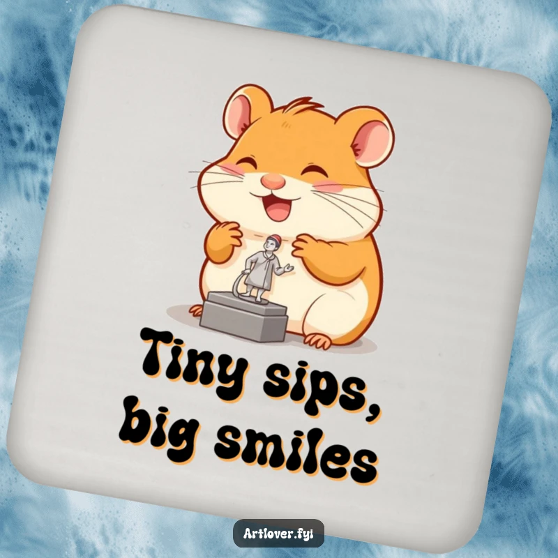 Funny hamster coasters featuring a joyful rodent admiring a tiny sculpture, perfect for protecting surfaces with artistic humor.