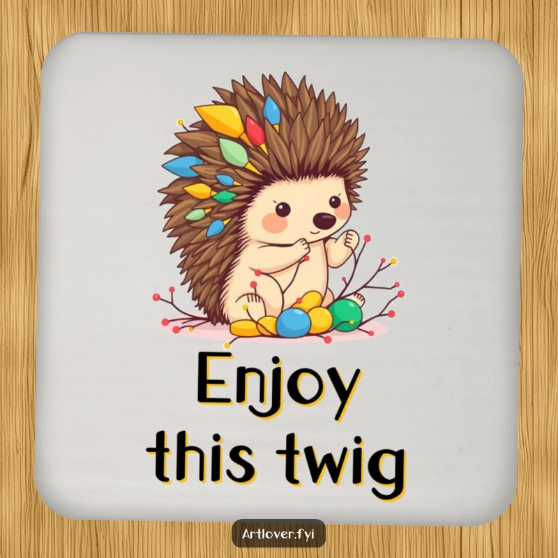 Funny drink coasters featuring a hedgehog artist creating a twig sculpture, protecting surfaces with artistic flair and woodland charm.