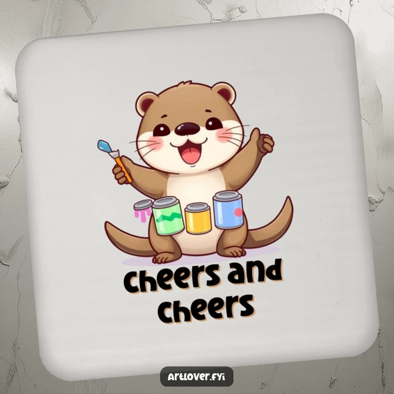 Funny Drink Coaster: A delighted otter artist balancing paint cans, protecting surfaces with a smile, funny art accent, great gift.
