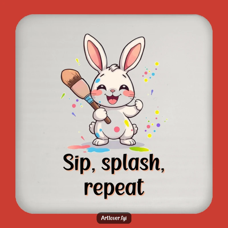 Funny Rabbit Artist Drink Coaster: Protects Surfaces Joyful Character Splattering Colors, Humorous Gift!