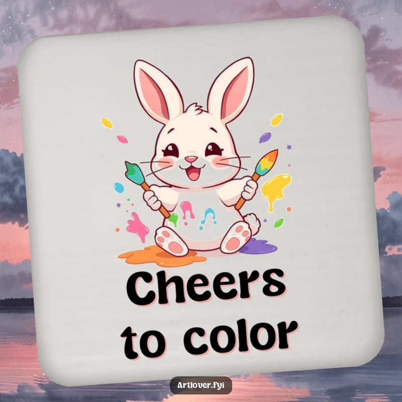 Funny Rabbit Painter Coasters: A happy rabbit artist mixing colorful paints, humorously protecting surfaces with artistic flair.