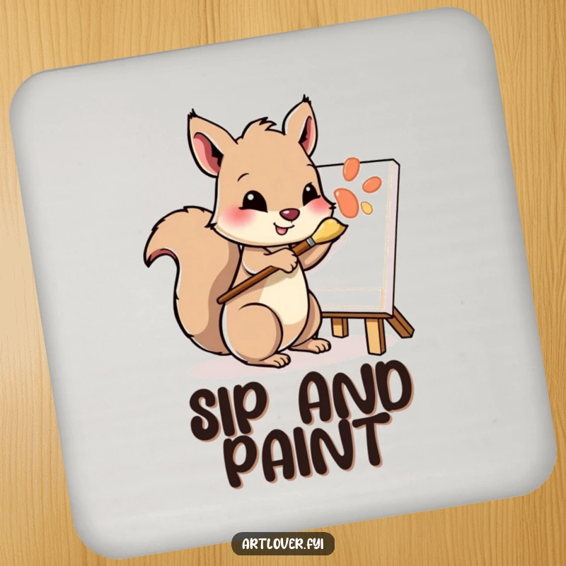 Funny drink coaster with a playful squirrel character, paintbrush in paw, dabbing at a canvas, a cute artistic touch.