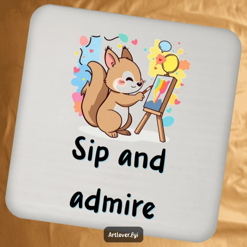 Funny drink coasters featuring a playful squirrel painting a colorful mural, protecting your table.