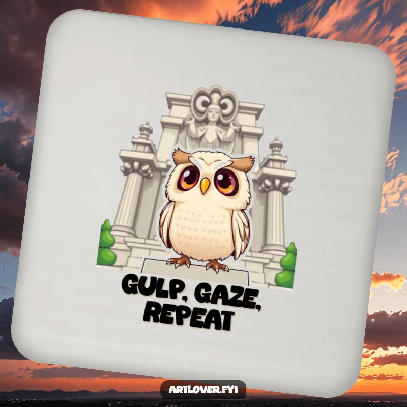 Funny owl coasters featuring a surprised owl with large eyes looking up at a grand statue, protecting surfaces with humor.