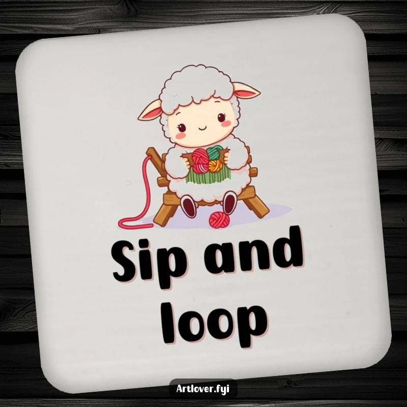 Funny drink coasters featuring a happy sheep weaving colorful yarn, protecting surfaces with crafting charm and warmth.