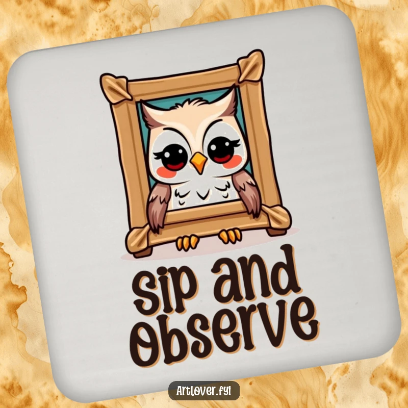 Funny Owl Art Coaster: A joyful owl admiring a framed masterpiece, bringing artistic protection, ideal funny gift.