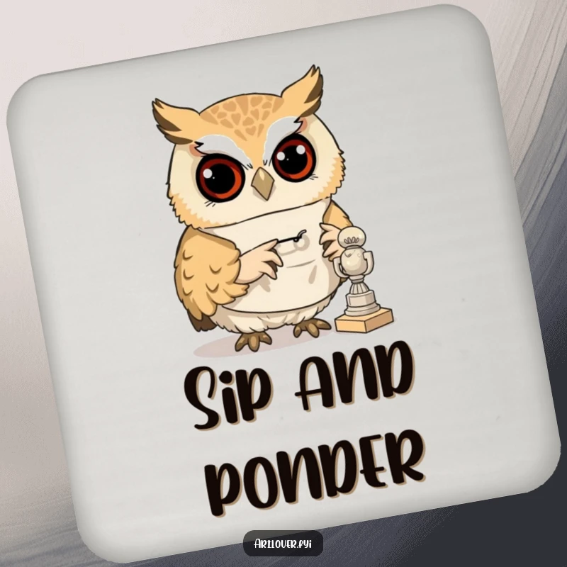 Funny drink coaster depicting a curious owl in a smock, examining a tiny sculpture, adding artistic flair.