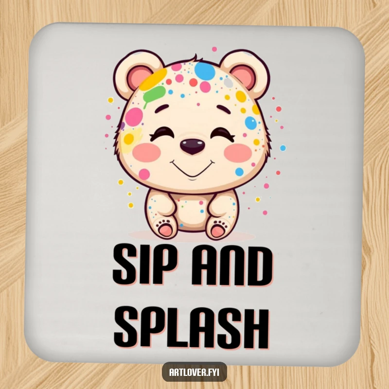 Funny Drink Coaster: A smiling bear artist with paint splatters, holding a palette and brush, adding a touch of funny art, great gift.