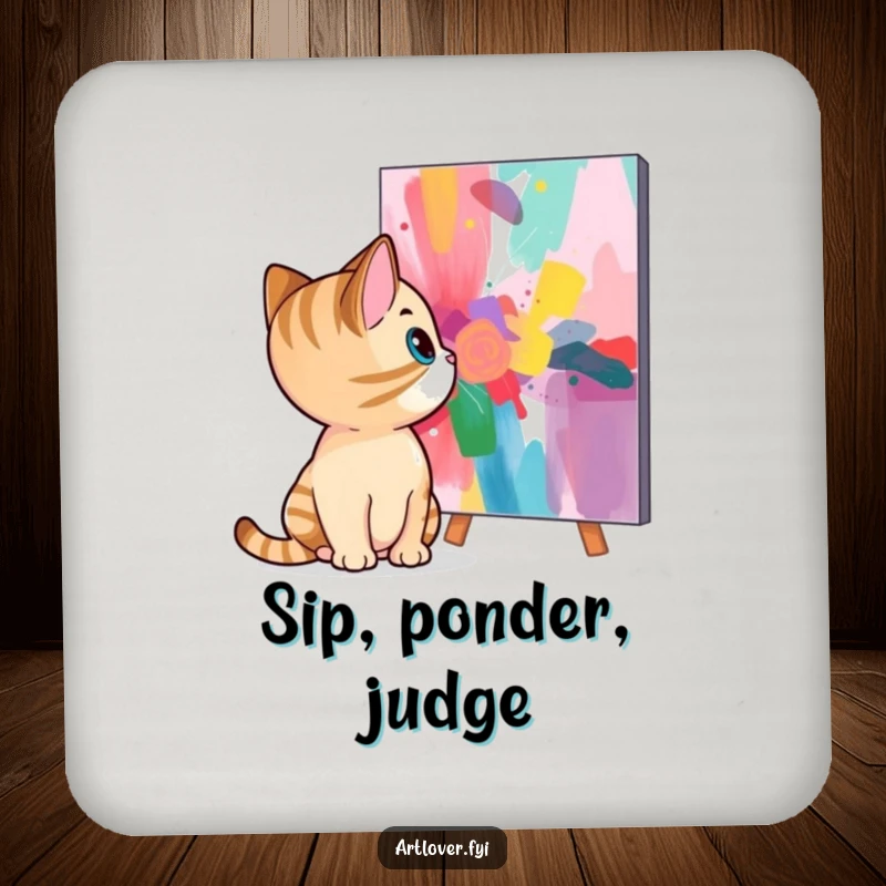 Funny cat coasters featuring a curious feline contemplating a colorful abstract painting, adding artistic humor to drink service.
