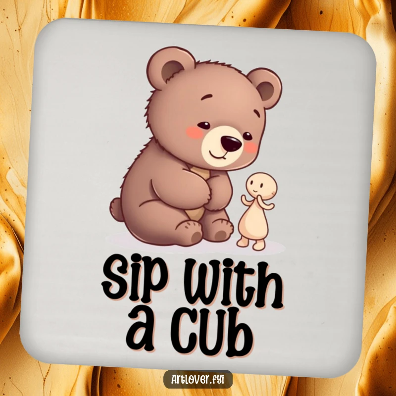 Funny Bear Cub Artist Coasters: A playful bear cub admiring abstract clay art, humorously protecting surfaces with adorable charm.