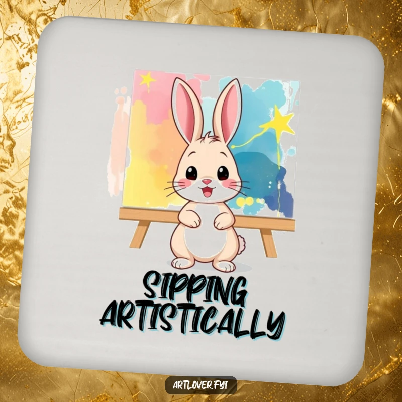 Funny Coaster: A playful bunny poses before an abstract canvas, protecting your surfaces with artistic charm and a hint of humor.