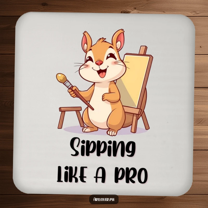 Funny Squirrel Artist Coaster featuring a delighted squirrel with a paintbrush and canvas, protecting surfaces with art.