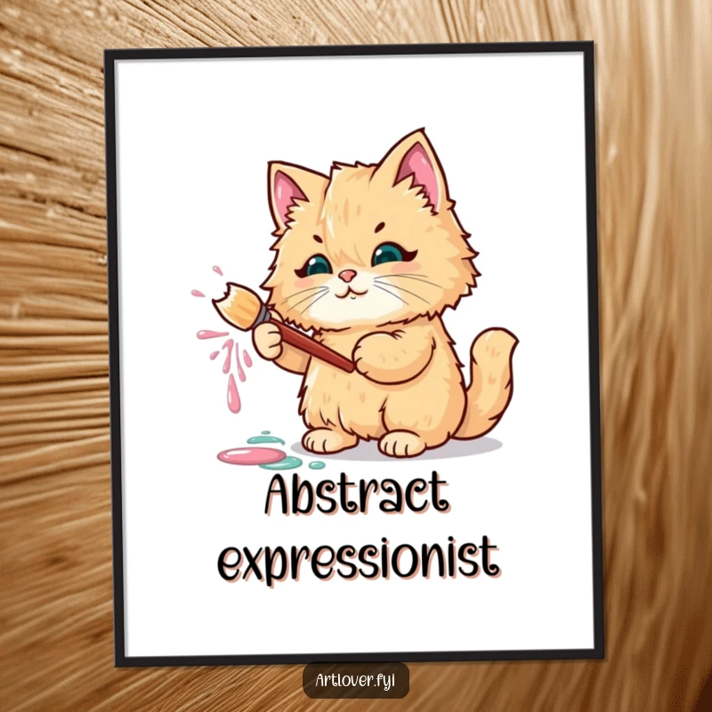 Funny poster featuring a fluffy cat holding a paintbrush, mid-splatter, with colorful paint everywhere.