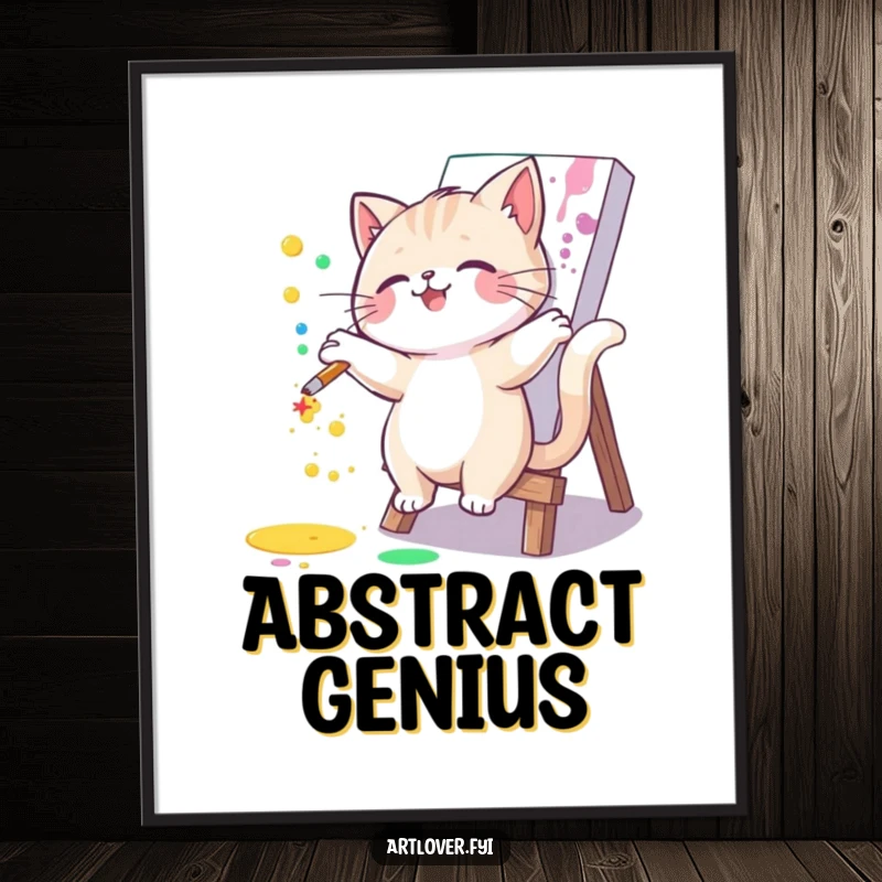 Funny cat poster showcasing a joyful artist cat joyfully splattering paint onto a canvas. Humorous and vibrant wall art for any space.