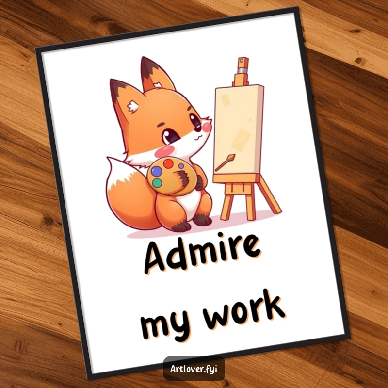 Funny art poster of an enthusiastic fox with a palette smeared on its cheek, admiring a canvas in deep thought.