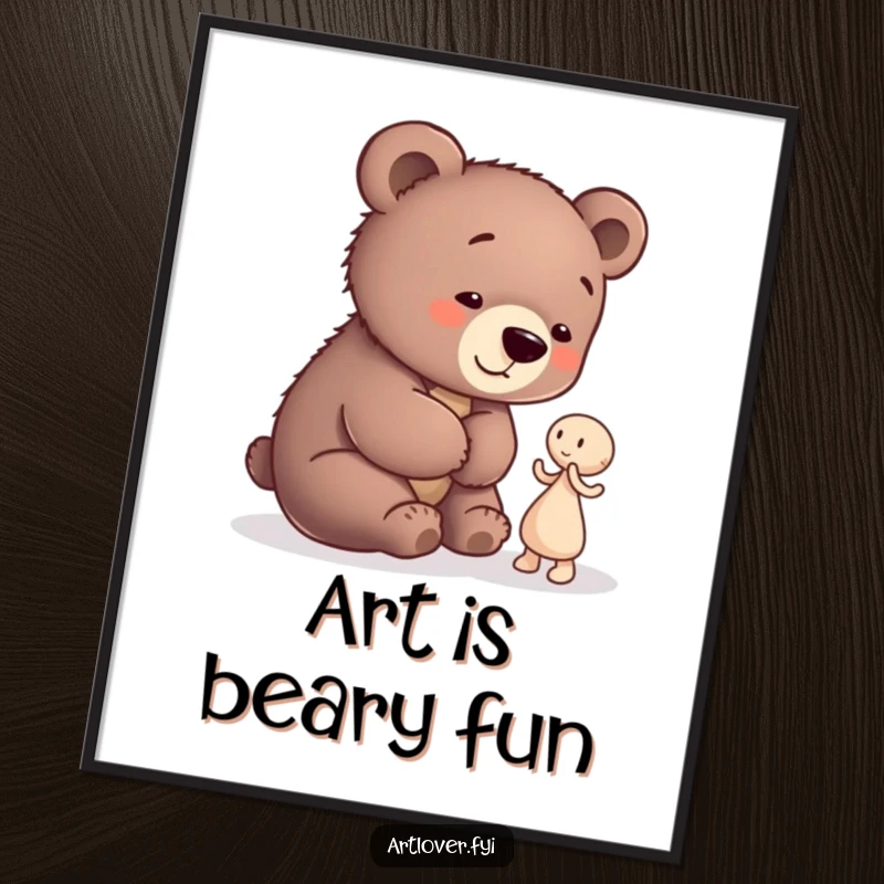 Funny Bear Cub Artist Poster: A playful bear cub admiring a small abstract clay figure, perfect for bringing humor and charm to decor.
