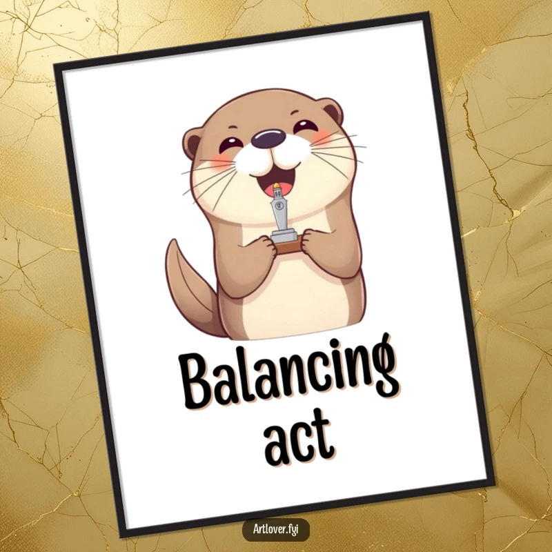 Funny otter balancing poster, a delightful artwork of a happy otter balancing a tiny, detailed sculpture on its nose.