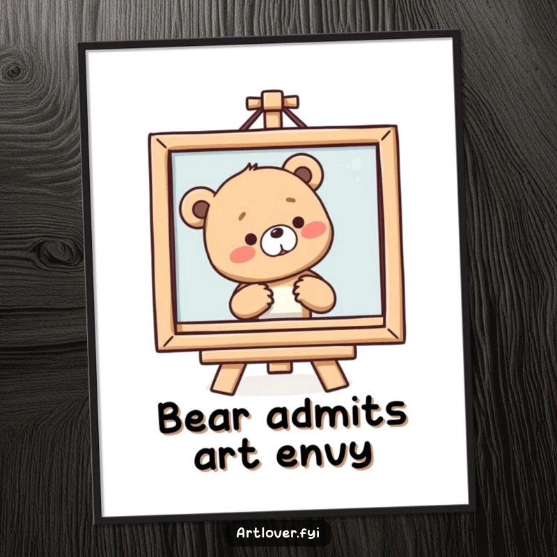 Funny Bear Cub Art Poster of a smiling cub sighing at a framed painting, adding humorous art appreciation to walls.