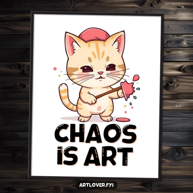 Funny poster of a determined cat wearing a beret, joyfully splattering paint across a canvas, bringing artistic chaos to any room.