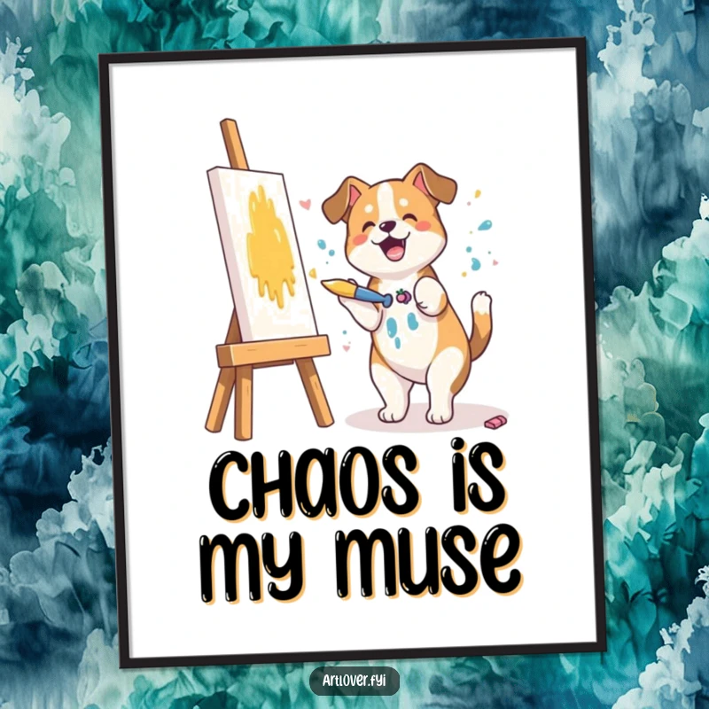 Funny poster of a dog artist joyfully splashing paint onto a canvas with a brush, a humorous and colorful piece of art.