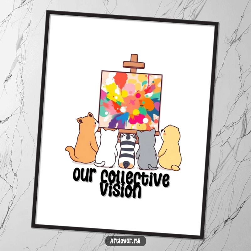 Funny diverse animals looking in wonder at a vibrant abstract painting, presented as humorous art-themed wall art.