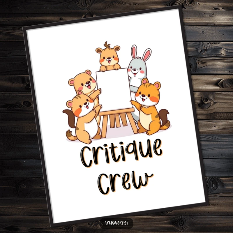 Funny poster of a diverse group of animals excitedly gathered around an easel, pointing and smiling, sharing their love for art.