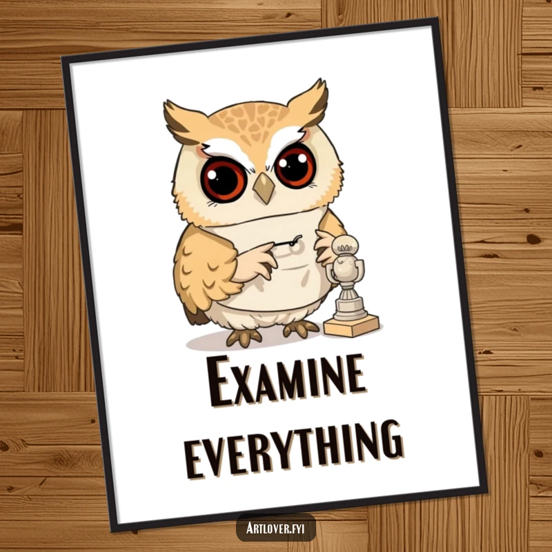 Funny art poster of a curious owl wearing a smock, examining a tiny sculpture, a wise and whimsical depiction.