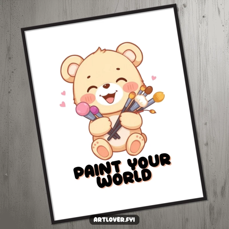 Funny art poster of a joyful bear cub holding a bouquet of paint brushes, celebrating creativity and happiness.