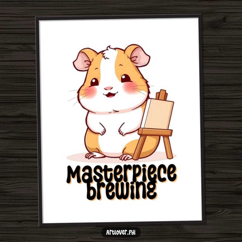 Funny Artist Guinea Pig Poster: Contented guinea pig smiling beside a small easel, creating art with a gentle vibe.