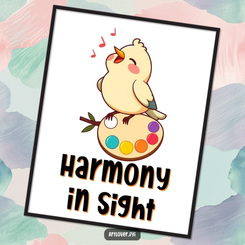 Funny poster of a bird happily singing while perched on a colorful palette, a vibrant celebration of art and music.