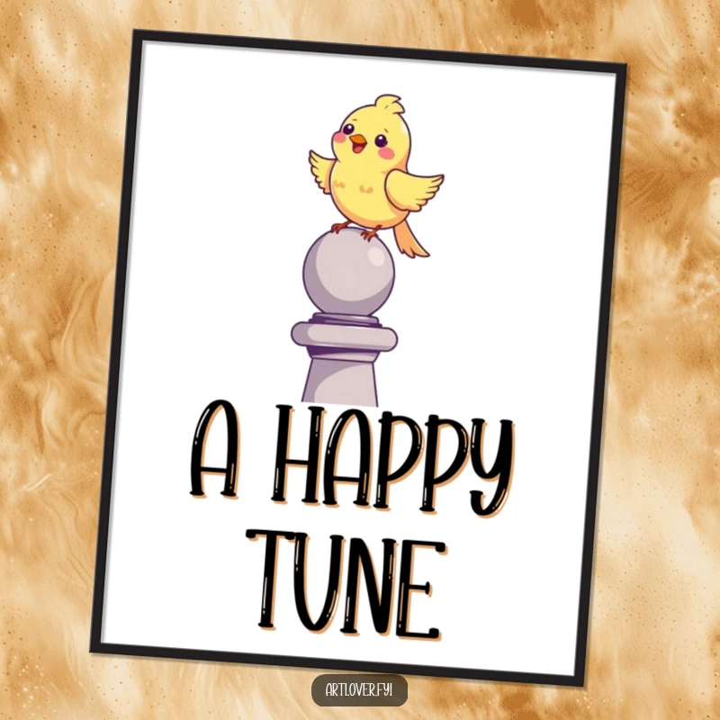 Funny happy bird poster, perched on a sculpture, singing joyfully, bringing vibrant art and cheer.