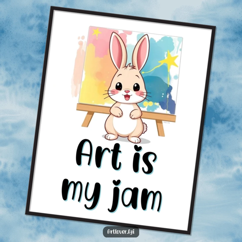 Funny Poster: A stylish bunny poses in front of a colorful abstract canvas, bringing artistic flair and joyful energy to your wall decor.