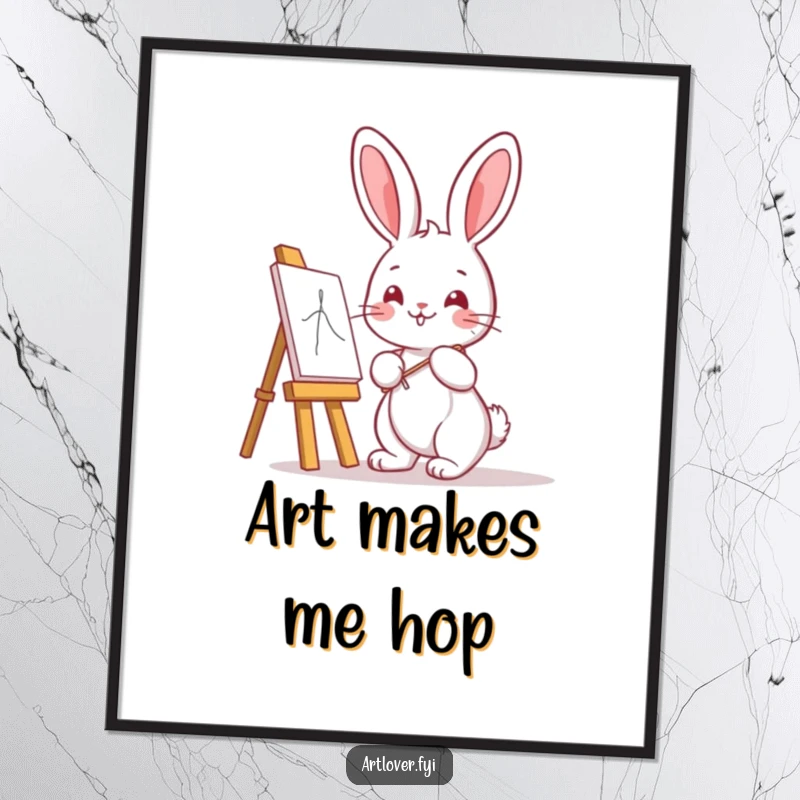 Funny Bunny Artist Poster featuring a cute kawaii bunny with an easel, enthusiastically drawing, bringing artistic charm and humor.