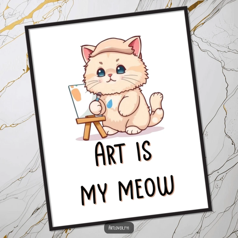 Funny Cat Artist Poster: A fluffy cat wearing a beret humorously paints a canvas, adding artistic flair and humor to any room.