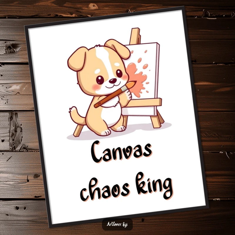 Funny Dog Artist Poster: Adorable dog character energetically splattering colorful paint onto a canvas, bringing artistic charm.