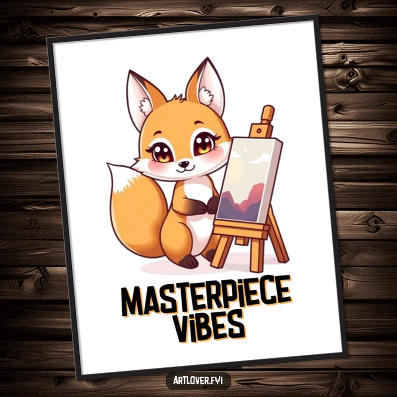 Funny fox art admirer poster, a captivating artwork of a curious fox with bright eyes studying a vibrant masterpiece.