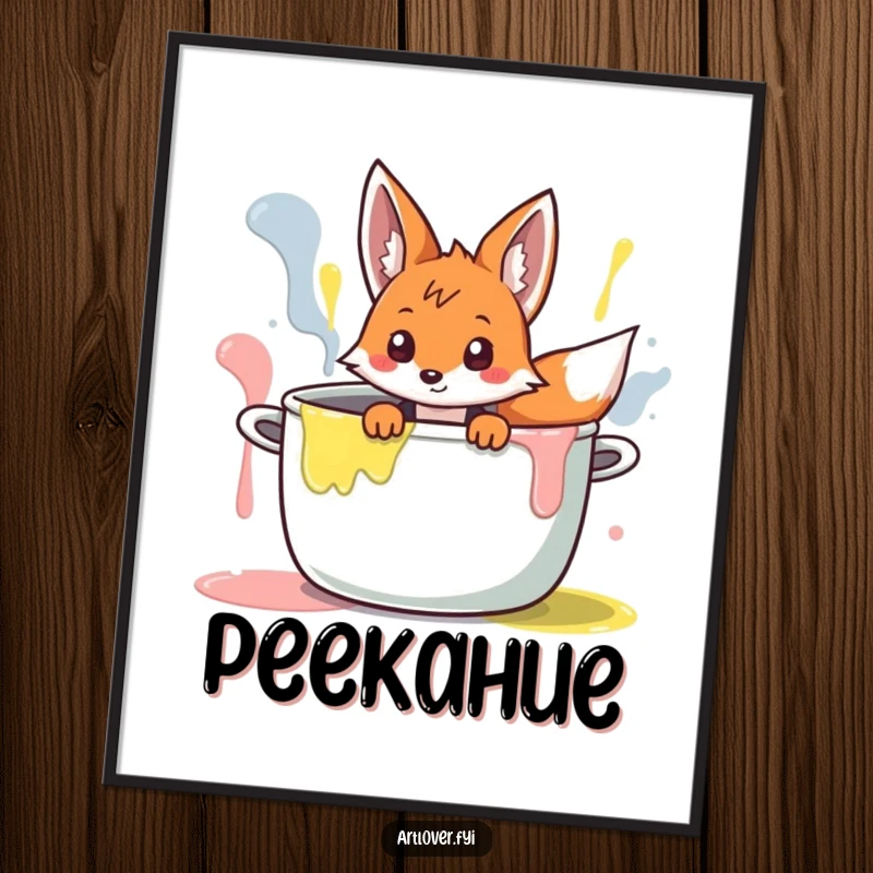 Funny Fox Artist Poster: Curious cartoon fox peeking over the rim of a giant pot filled with colorful paint.