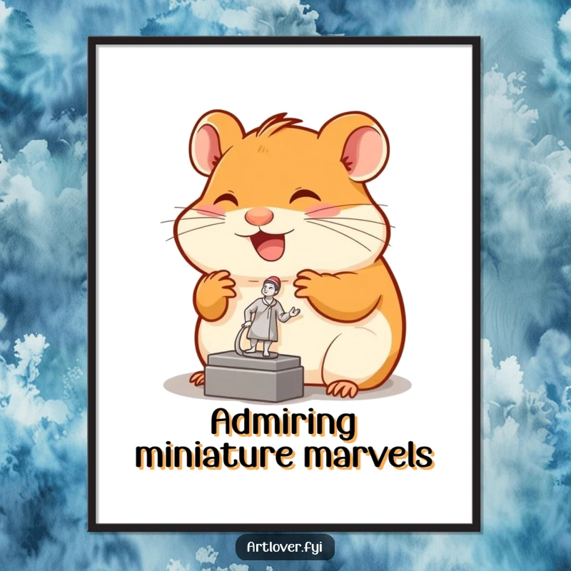 Funny hamster poster featuring a joyful rodent looking up at a tiny sculpture, bringing artistic charm and humor to walls.