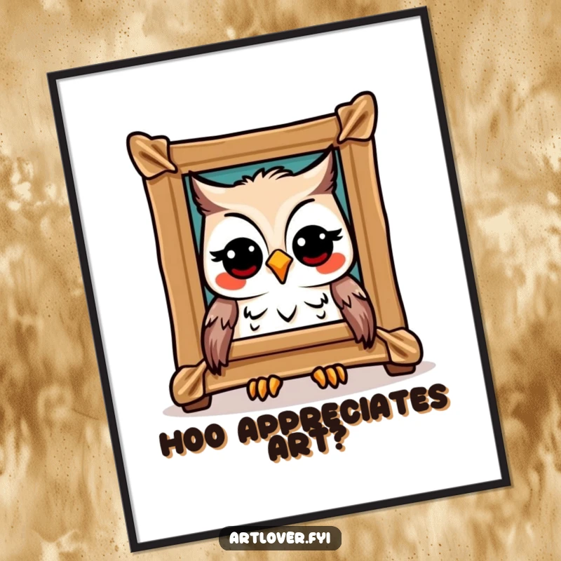 Funny Owl Art Poster: A joyful owl admiring a framed masterpiece, bringing artistic flair and humor, superb funny gift.