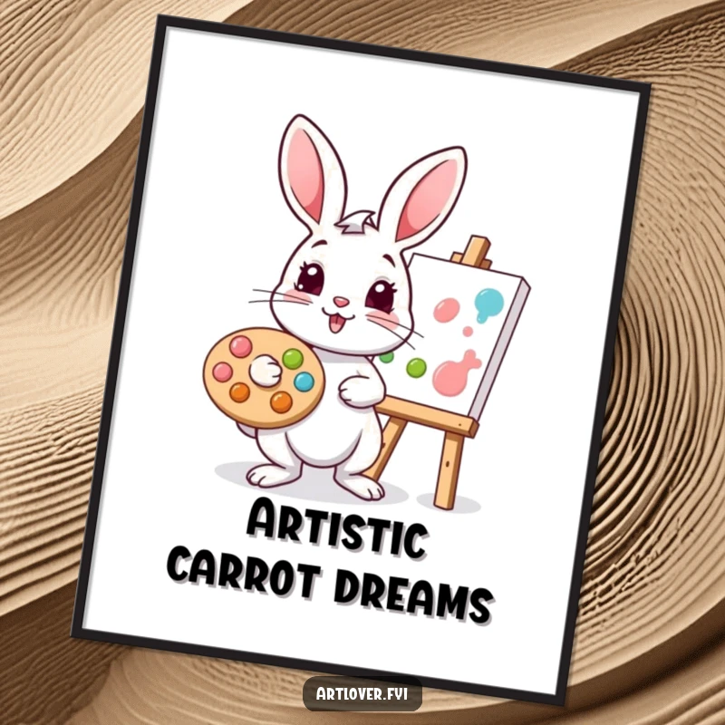 Funny rabbit poster of a playful bunny artist with a palette, dabbing paint onto a canvas, bringing artistic cheer indoors.