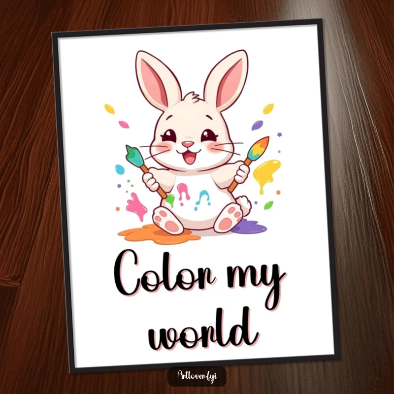 Funny Rabbit Painter Poster: A happy rabbit artist using its paws to mix colorful paints, bringing humor and art to decor.