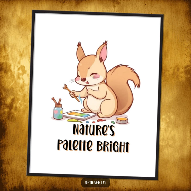 Funny poster of a squirrel enthusiastically mixing paints with a tiny twig, a vibrant depiction of artistic energy.